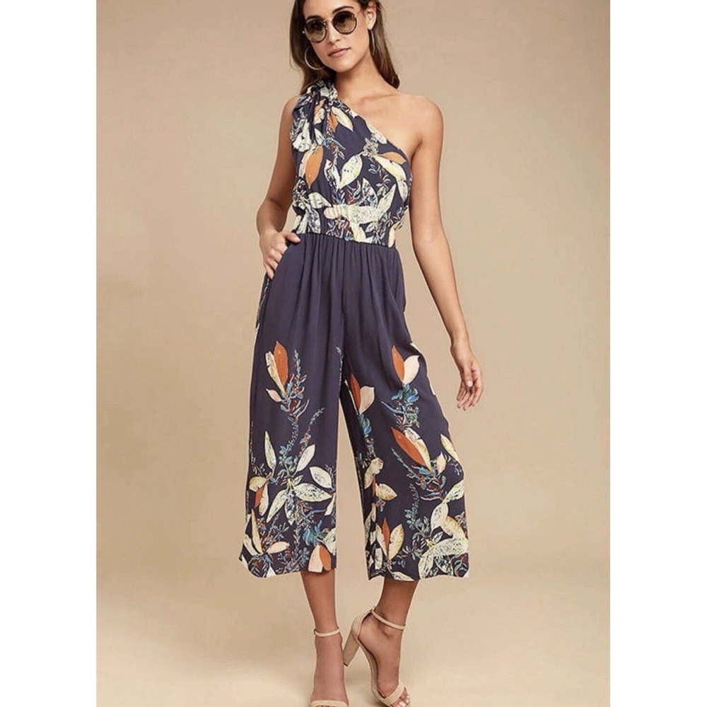 FREE PEOPLE Island Time One Shoulder Cropped Jumpsuit Sz S Blue Floral Wide Leg